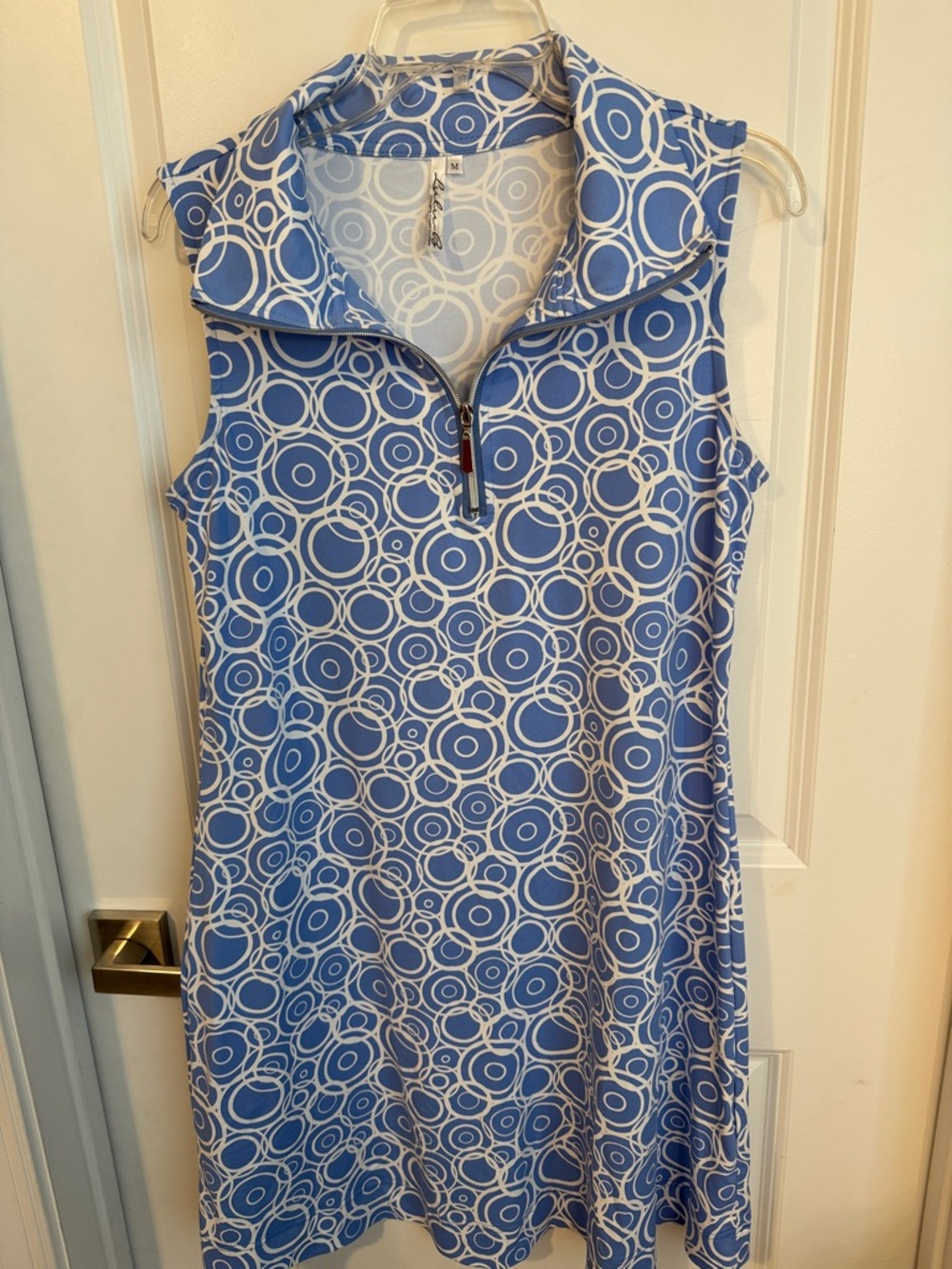 Lulu-B Sleeveless Zip-Front Midi Dress in Blue and White Ring Print